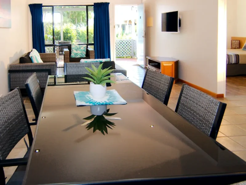 Cable Beach Apartments Dining Area looking down to lounge room and verandah